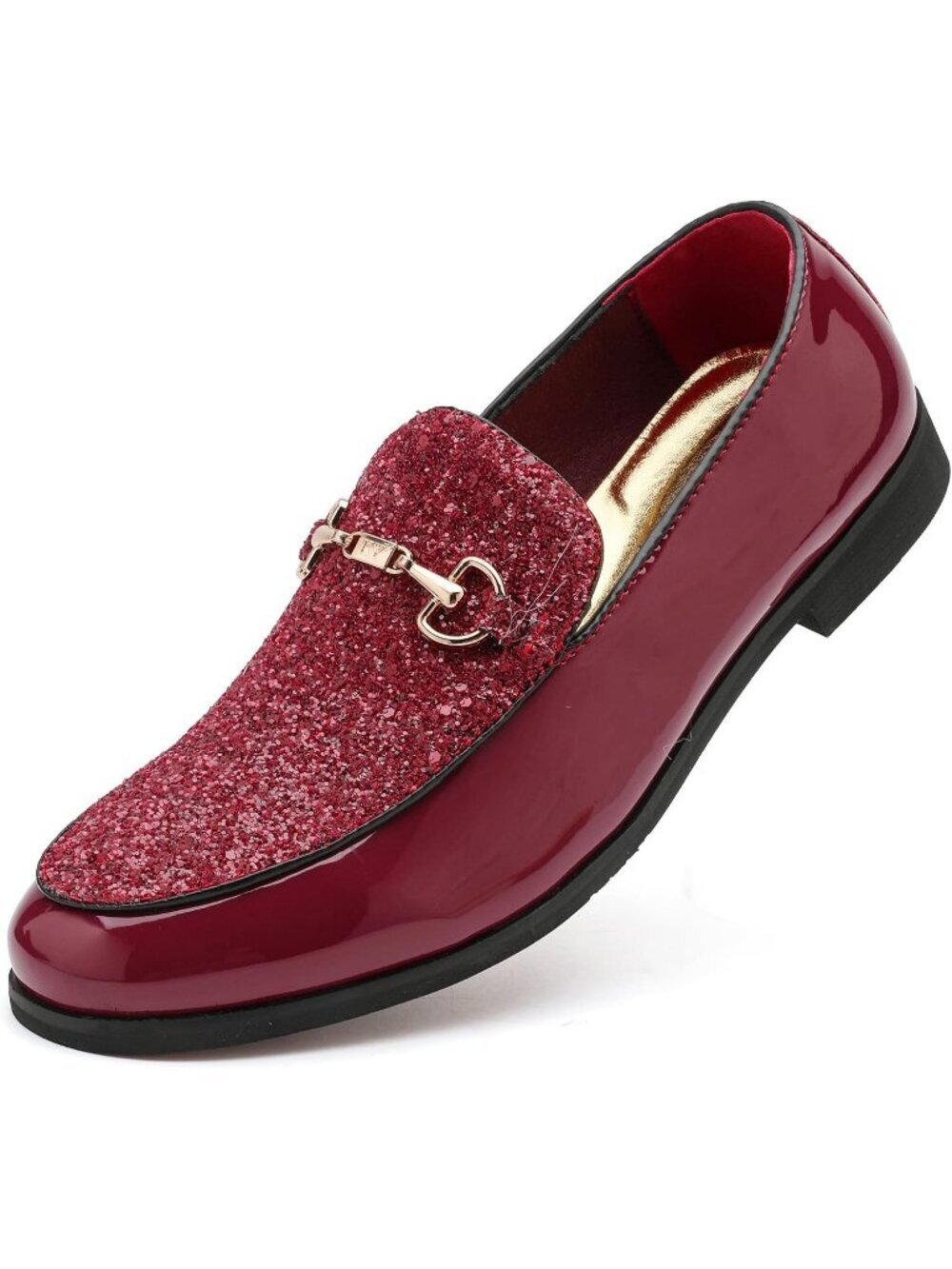 Men's Red Rubber Sole Leather Sparkly Sequins Loafers Gold Buckle Party Shoes